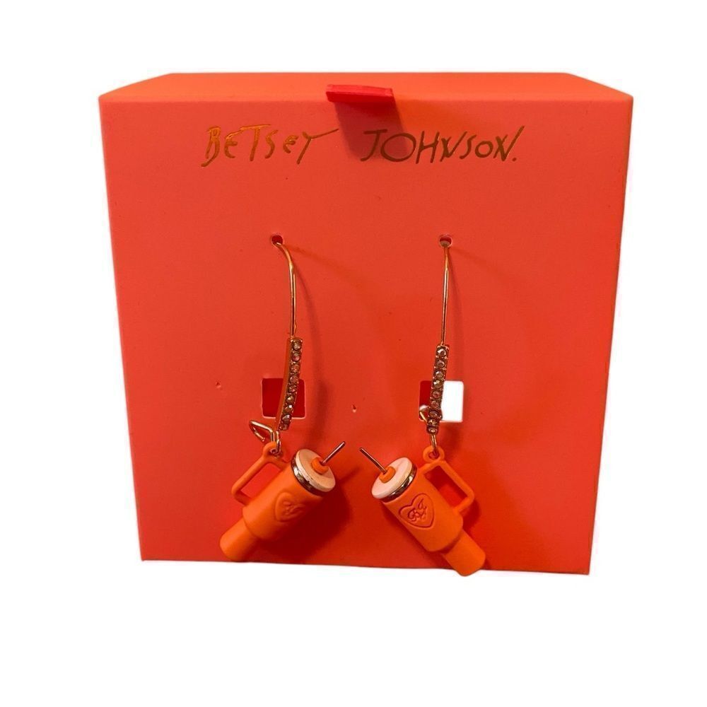Betsey Johnson Orange Tumbler Dangle Earrings w/ Eye Catching Rhinestones.